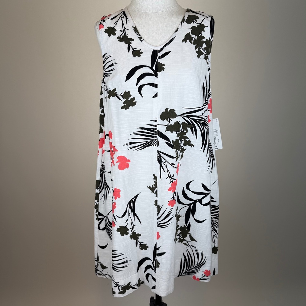 NWT Liz Claiborne White Tropical Floral Sleeveless Shift Dress Size PM Pockets
